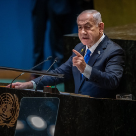 El perseguido por crímenes de guerra Benjamín Netanyahu en la ONU, a 27 de septiembre de 2024.