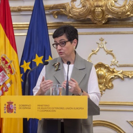 La ministra de Asuntos Exteriores, Unión Europea y Cooperación, Arancha González Laya, interviene durante un acto en el que el Equipo Técnico Español de Ayuda y Respuesta a Emergencias (START).