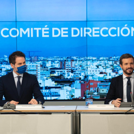 El secretario general del PP, Teodoro García Egea, y el presidente de la formación, Pablo Casado.