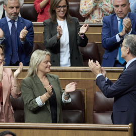 La secretaria general del PP, Cuca Gamarra; la diputada del PP, Maria del Mar Blanco y el presidente del PP, Alberto Núñez Feijóo, durante una sesión de control al Gobierno, en el Congreso de los Diputados, a 9 de octubre de 2024, en Madrid (España)