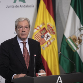 El consejero andaluz de Transformación Económica, Industria, Conocimiento y Universidades, Rogelio Velasco, durante una rueda de prensa. E.P./María José López