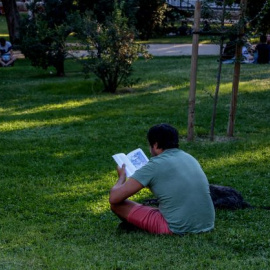 Una persona lee un libro sentada en el césped del parque del Retiro, a 4 de septiembre de 2022, en Madrid.