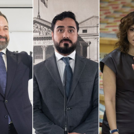 Montaje con fotos de Santiago Abascal, Alvise Péres e Isabel Díaz Ayuso.