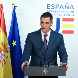 Pedro Sánchez, este jueves en Bruselas durante la rueda de prensa ofrecida tras el Consejo Europeo.