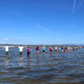 Pla general dels participants fent la cadena humana a la badia del Fangar, a l'Ampolla (Baix Ebre), per denunciar la regressió que pateix el delta de l'Ebre.