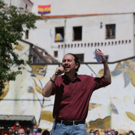 El candidato de Unidas Podemos a la Presidencia de la Comunidad de Madrid, Pablo Iglesias, durante el acto de inicio de campaña del partido para las elecciones a la Asamblea de Madrid, a 18 de abril de 2021.