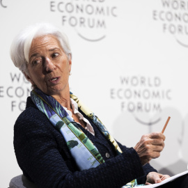 La presidenta del BCE, Christine Lagarde, durante su intervención en el foro de Davos. EFE/EPA/LAURENT GILLIERON