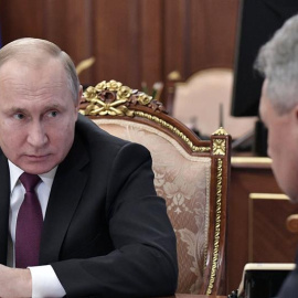 Russian President Vladimir Putin (L) during his meeting with Russian Foreign Minister Sergei Lavrov and Russian Defence Minister Sergei Shoigu (R) in Moscow, Russia 02 February 2019. Russia on 02 February 2019 announced it was suspending the INF deal foll