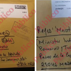 Los sobres de las cartas enviadas al diputado de Bildu Jon Iñárritu y a la ministra Reyes Maroto, escritos con la caligrafía de la misma persona.