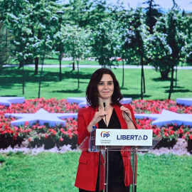 La presidenta de la Comunidad de Madrid y candidata del PP a la reelección, Isabel Díaz Ayuso, interviene en un acto de campaña