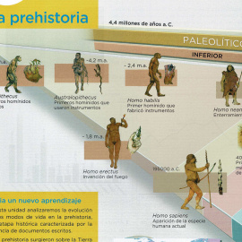 Esquema de la evolución de la especie humana en un libro de la ESO de la editorial Anaya, que muestra la imagen más desarrollada en un hombre de raza blanca frente a especies menos desarrolladas de piel más oscura.