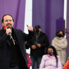 El candidato de Unidas Podemos a la Presidencia de la Comunidad de Madrid, Pablo Iglesias, participa en un acto de campaña celebrado este domingo 25 de abril de 2021 en Collado Villalba.