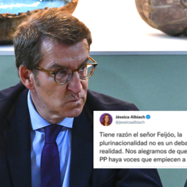 Imagen combinada del El presidente del PP, Alberto Núñez Feijóo, y un tuit de Jessica Albichs. —  Antonio Sempere / Europa Press