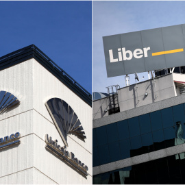 Los logos de Unicaja y de Liberbank, en lo alto de sus respectivas sedes en Málaga y Madrid.