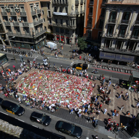 Vista aérea del improvisado memorial en Las Rablas de Barcelona en recuerdo uy homenaje a las víctimas del atenado yihadista de la semana pasada, colocado sobre el mural donado por Miró a la ciudad. REUTERS/Albert Gea