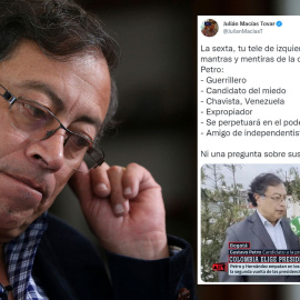 Imagen combinada de un tuit de Julián Macías y una imagen de Gustavo Petro. — Twitteer/  LUISA GONZALEZ / Reuters