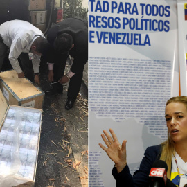 Agentes de la policía científica registran las cajas con dineros de la opositora Lilian Tintori (derecha)- AGENCIAS