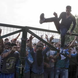 Un migrante salta la valla fronteriza entre Serbia y Hungría. REUTERS