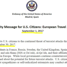 Última alerta terrorista de EEUU transmitida el 1 de septiembre a los ciudadanos norteamericanos por la embajada en España.