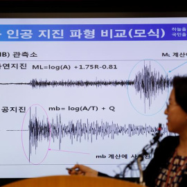 Lee Mi-Seon, directora general del Centro Meteorológico de Corea del Sur, detalla las diferencias entre un terremoto natural y otro artificial, en Seúl, tras el seísmo vivido por las pruebas nucleares de Corea del Norte. EFE/J. Heon-Kyun