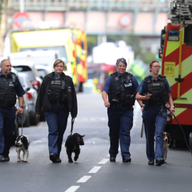 Policías oficiales caminan con un perro después del atentado terrorista de Londres. REUTERS/Luke MacGregor