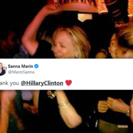 Imagen combinada de un tuit de Sanna Marin y Hillary Clinton. - Twitter