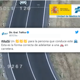 Imagen combinada de un tuit de la DGT y un coche adelantando a un ciclista. - Twitter