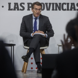 El presidente del Partido Popular, Alberto Núñez Feijóo, interviene durante el encuentro sobre Los Retos del Futuro del diario 'Las Provincias'.- Rober Solsona / Europa Press