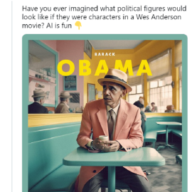 Barack Obama, caracterizado por la Inteligencia Artificial como si fuera un personaje de Wes Anderson, según el tuitero Owi Sixseven