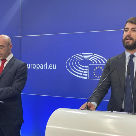 El vicepresidente de Castilla y León, Juan García-Gallardo, durante su rueda de prensa en el Parlamento Europeo.