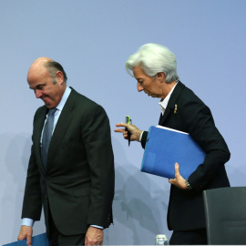 La presidenta y el vicepresidente del BCE, Christine Lagarde y Luis de Guindos, tras una comparecencia.