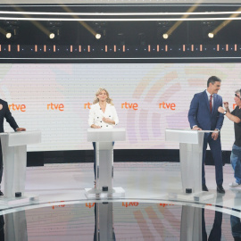 Los candidatos a la Presidencia, Santiago Abascal (Vox); Yolanda Díaz (Sumar), y Pedro Sánchez (PSOE), en el Estudio 6 de Prado del Rey, a 19 de julio de 2023, en Madrid (España)