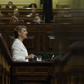 Yolanda Díaz responde a Ramón Tamames en el Congreso durante el debate de la moción de censura de Vox.