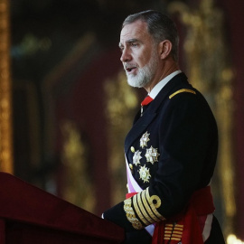 El rey Felipe VI, durante su discurso en la recepción este sábado en el Palacio Real con motivo de la Pascua Militar.-EFE | Borja Sanchez-Trillo 