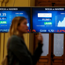 Vista de un panel de la Bolsa de Madrid que refleja la evolución hoy del Ibex 35, el principal indicador del mercado bursátil. EFE/Mariscal