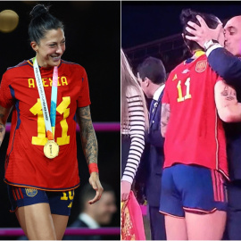 La jugadora Jenni Hermoso durante la entrega de medallas (izquierda) y el beso de Rubiales (derecha).