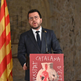 El president de la Generalitat, Pere Aragonès, durant la seva intervenció a l'acte de l'UCE a la Catalunya del Nord