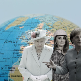 08/03/2024 Isabel II, Penélope Cruz y Angela Merkel sobre la imagen de un globo terráqueo.