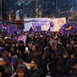 Manifestación convocada por la Comisión 8M bajo el lema 'Patriarcado, Genocidio, Privilegios #SeAcabó', este viernes en Madrid.