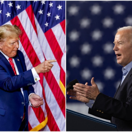 Donald Trump (izquierda) y el actual presidente estadounidense, Joe Biden (derecha) mantienen sus respectivos discursos en el Estado de Georgia, el 9 de marzo de 2024.