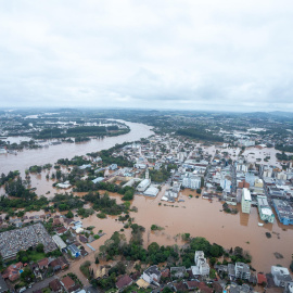 6/9/23 Fotografía cedida por el Gobierno de Rio Grande del Súr, que muestra las inundaciones causadas por las lluvias en la población de Lajeado (Brasil).