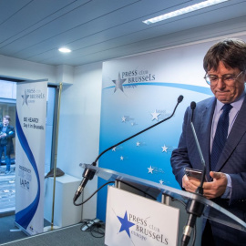 El expresidente de la Generalitat y eurodiputado de Junts, Carles Puigdemont, comparece en una rueda de prensa en el Parlamento Europeo, a 9 de noviembre de 2023.