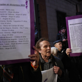 Un grupo de personas que se ha concentrado para protestar por el repunte de asesinatos machistas este mes, muestran carteles con los nombres de las fallecidas, frente al Ministerio de Justicia, a 29 de diciembre de 2022, en Madrid