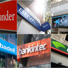 Los logos de los seis bancos del Ibex 35 (Santander, BBVA, Caixabank, Sabadell, Bankinter y Unicaja), en sus respectivas oficinas.