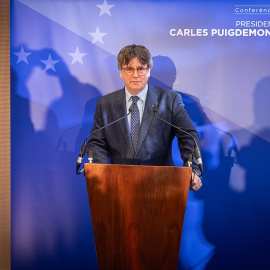 El expresidente de la Generalitat y eurodiputado de Junts, Carles Puigdemont, durante una rueda de prensa en Bruselas, a 5 de septiembre de 2023.