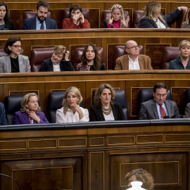 El presidente del Gobierno, Pedro Sánchez, junto a varios de sus ministros, Pilar Llop incluida, durante la sesión de control celebrada este miércoles en el Congreso.