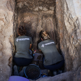 Arqueólogos y miembros de la Sociedad de Ciencias Aranzadi durante los trabajos de exhumación de víctimas civiles de la Guerra Civil, en una fosa común del cementerio parroquial de Colmenar Viejo, a 26 de agosto de 2022