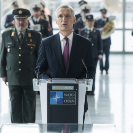 El Secretario General de la OTAN, Jens Stoltenberg, pronuncia un discurso durante la ceremonia de celebración del 75º aniversario de la OTAN en la sede de la OTAN.