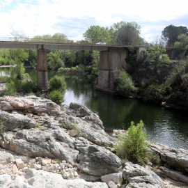 El riu Ter al seu pas per la Cellera, a l'altra banda del pont que dona a la presa del Pasteral