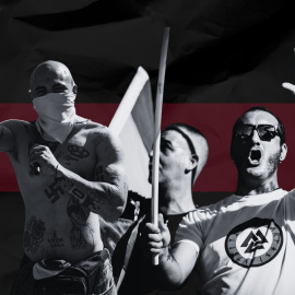 Ilustración de varios individuos haciendo gestos y saludos fascistas